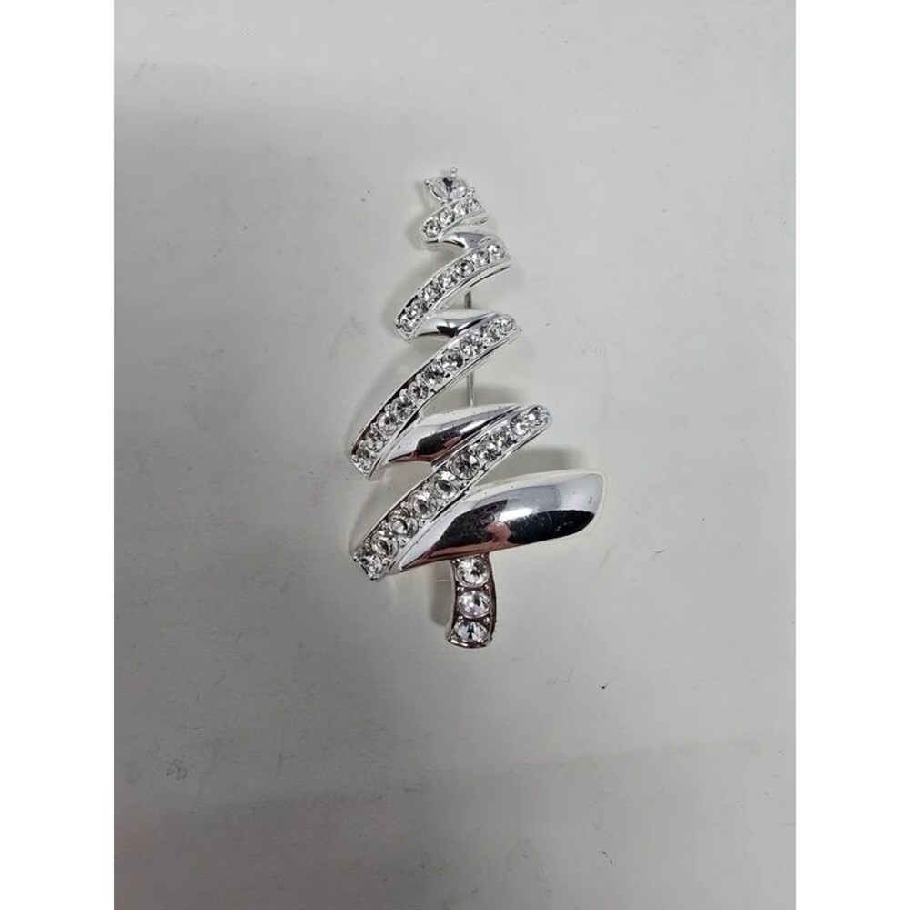 Vintage Monet Silver-Tone Rhinestone Zig-Zag Ribbon Brooch Pin